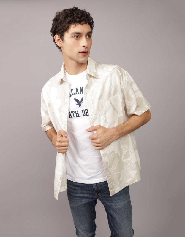 AE Floral Button-Up Poolside Shirt - Tan, M 