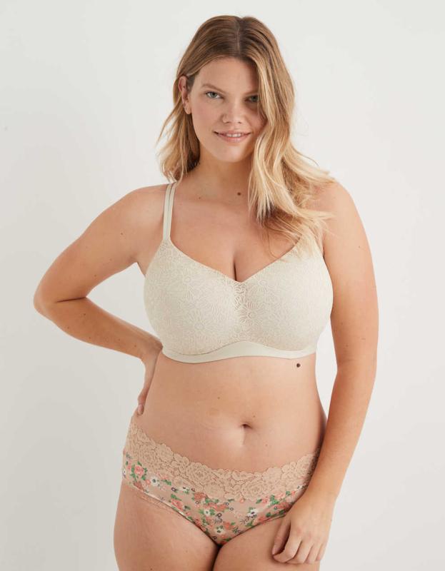 Aerie Real Sunnie Wireless Push Up Blossom Lace Bra - Soft Oat, 70D 