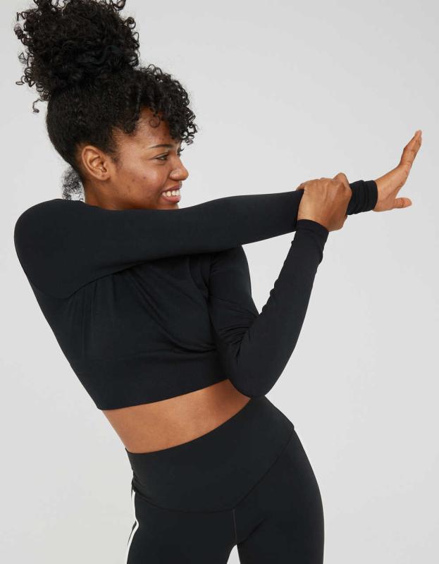 OFFLINE By Aerie Sidewalk Seamless Long Sleeve Cropped T-Shirt - True Black, XXS 