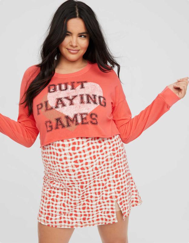 OFFLINE By Aerie Long Sleeve Cropped T-Shirt - Calypso Red, S 