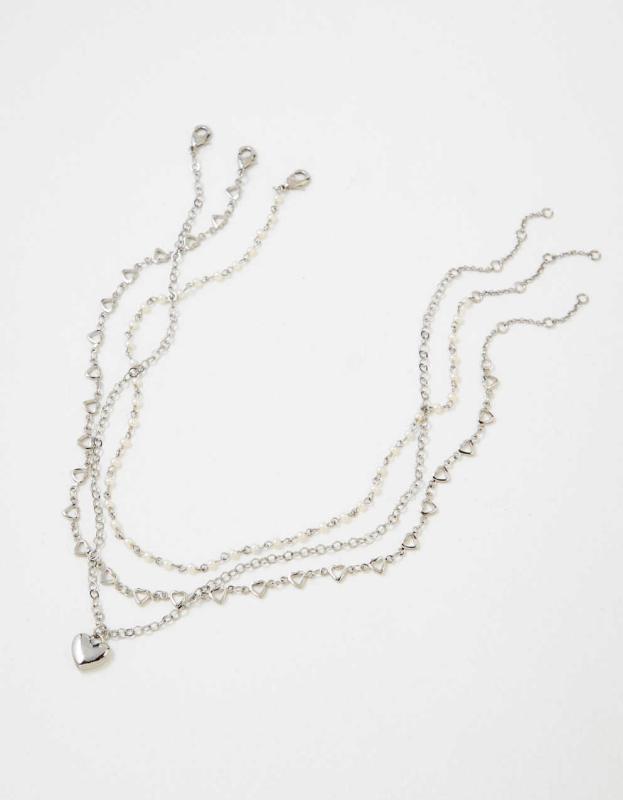 AEO Heart Necklace 3-Pack - Silver, One Size 