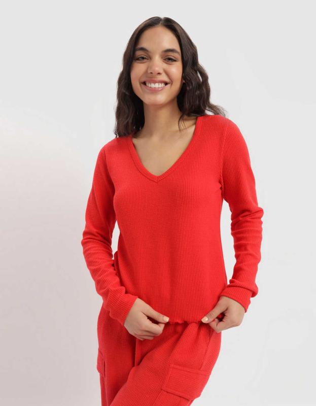 Aerie Waffle V Neck T-Shirt - Holiday Red, XS 