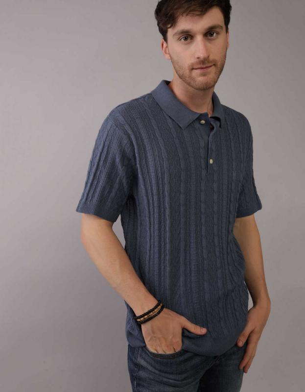 AE Textured Sweater Polo Shirt - Navy, L 