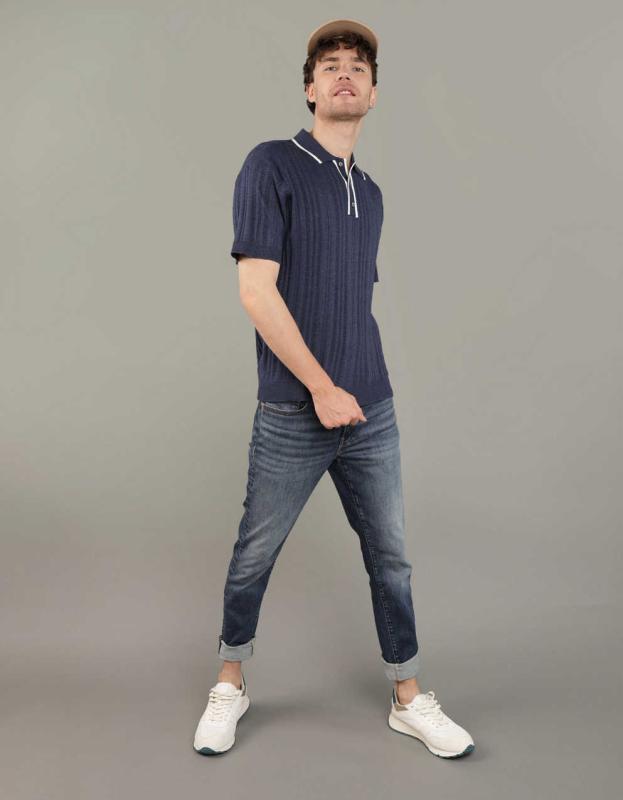AE Weekend Tipped Sweater Polo Shirt - Navy, S 
