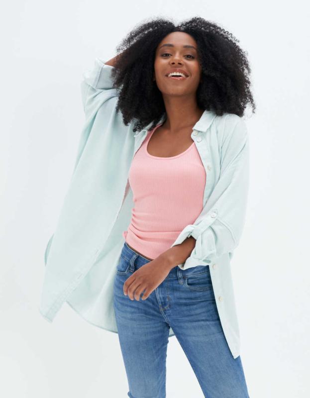 AE Oversized Button-Up Beach Shirt - Chambray Blue, XXS 