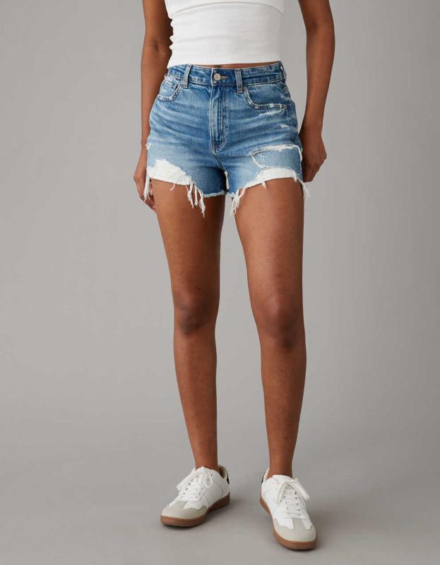 AE Strigid Ripped Denim Mom Short - Medium Bright Indigo, 00 
