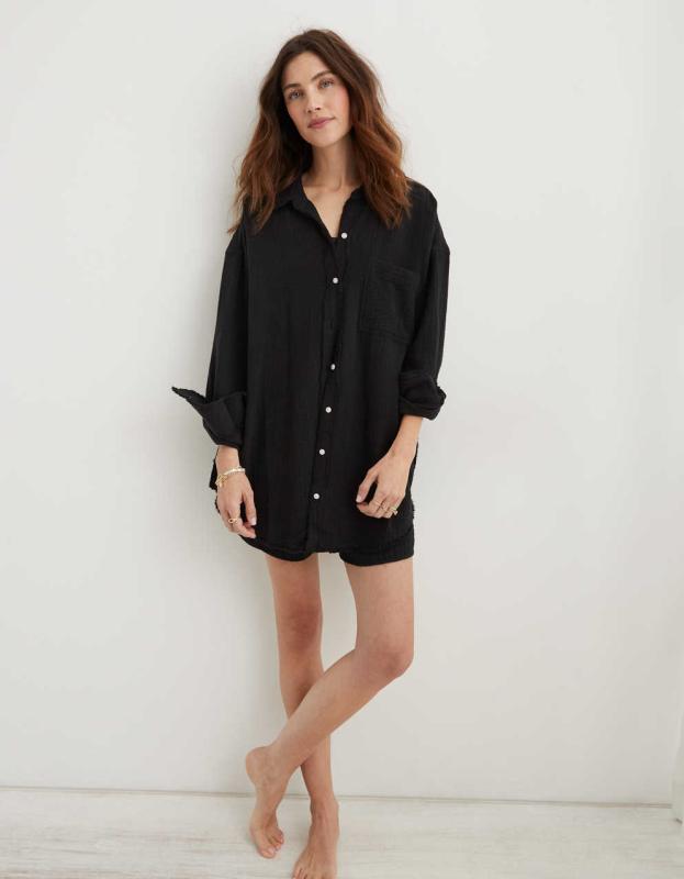 Aerie Pool-To-Party Cover Up Shirt - True Black, XS 