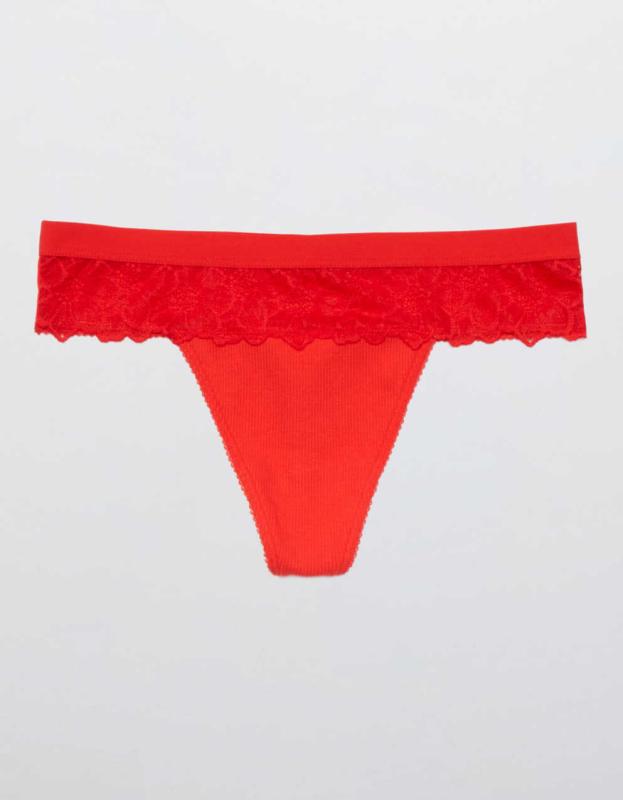 Aerie Snow Angel Lace Cotton Thong Underwear - Holiday Red, L 