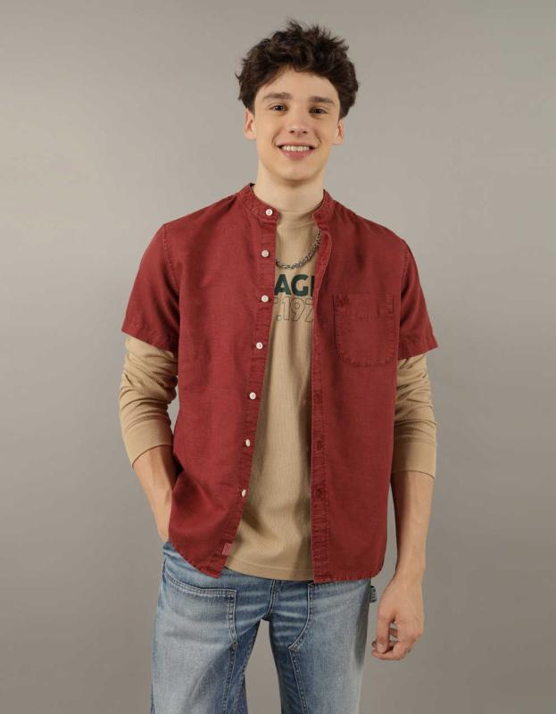 AE Short-Sleeve Band Collar Linen Button-Up Shirt - Ruby Kiss, L 