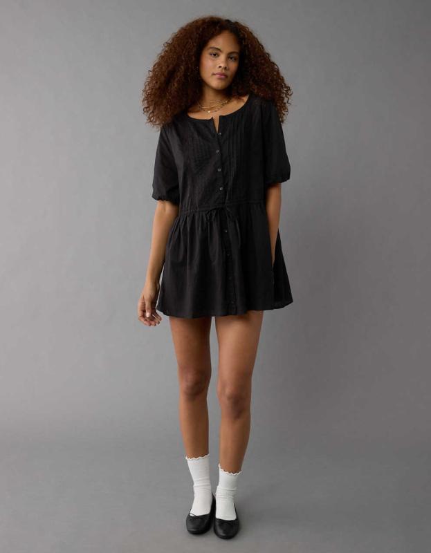 AE Button Front Tie Waist Mini Dress - Black, S 