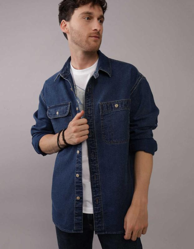 AE Oversized Denim Shirt Jacket - Dark And Stormy, S 