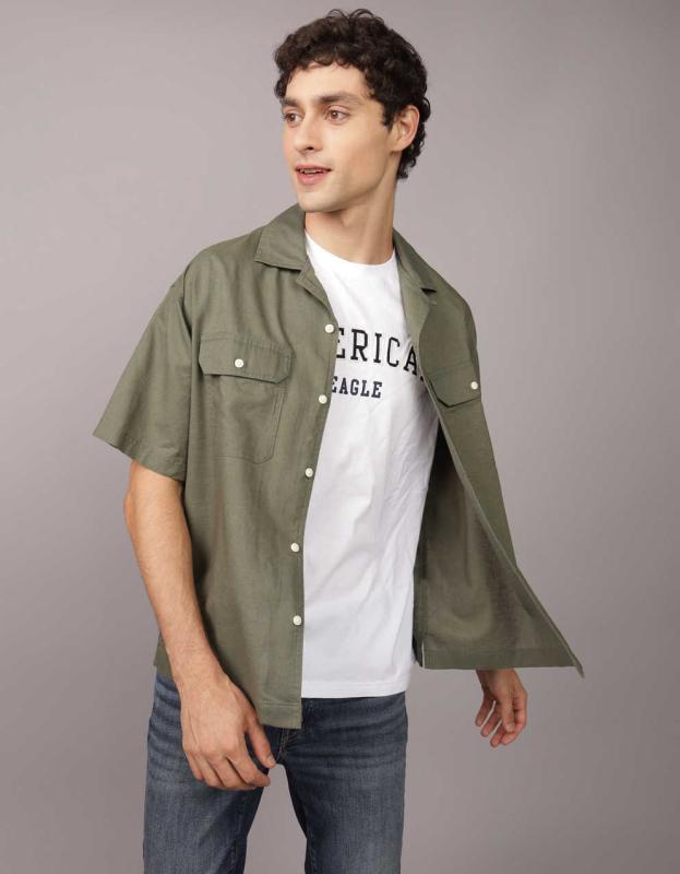 AE Linen-Blend Button-Up Poolside Shirt - Olive, S 