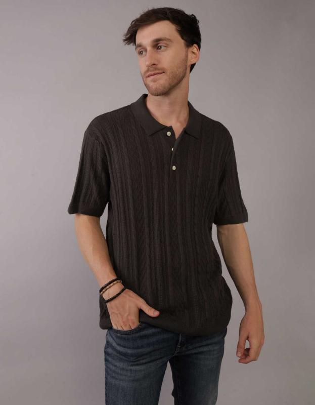 AE Textured Sweater Polo Shirt - Grey, M 