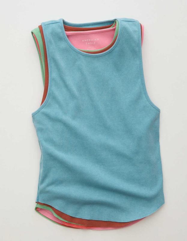 AE High Neck Daily Fave Tank Top - Washed Blue, M 