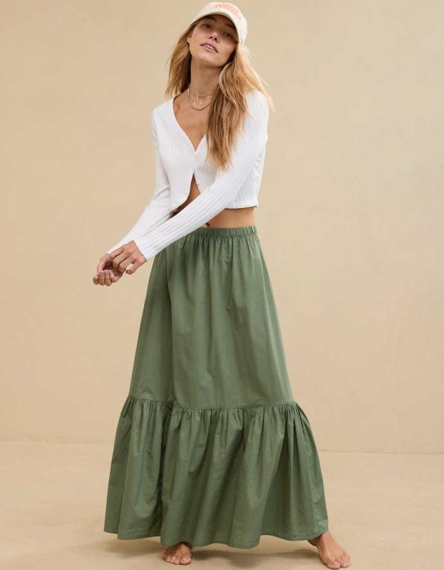 Aerie Poplin Tiered Maxi Skirt - Olive Fun, S 