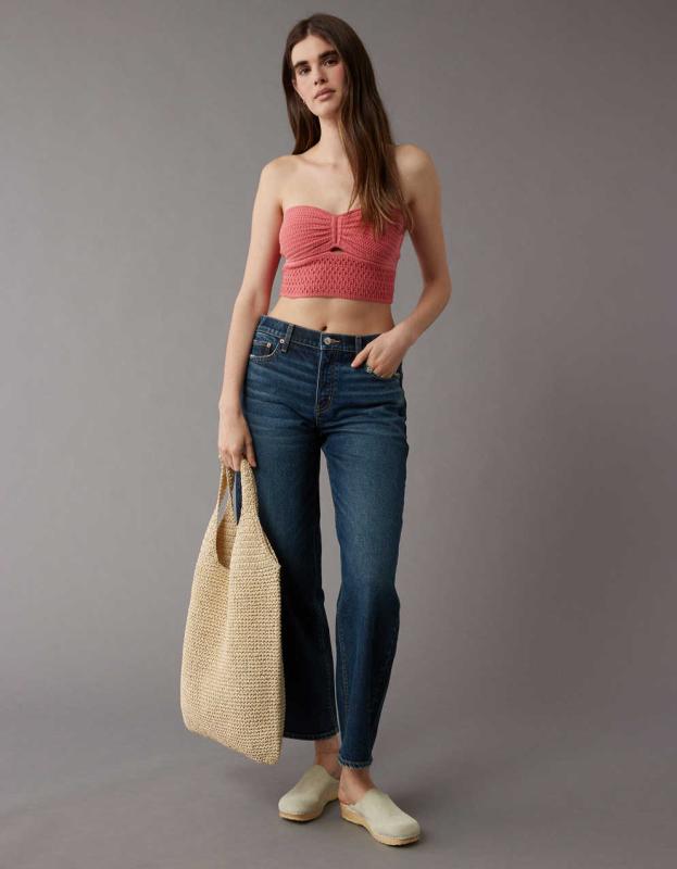 AE Cinch Front Crochet Tube Top - Coral, XS 