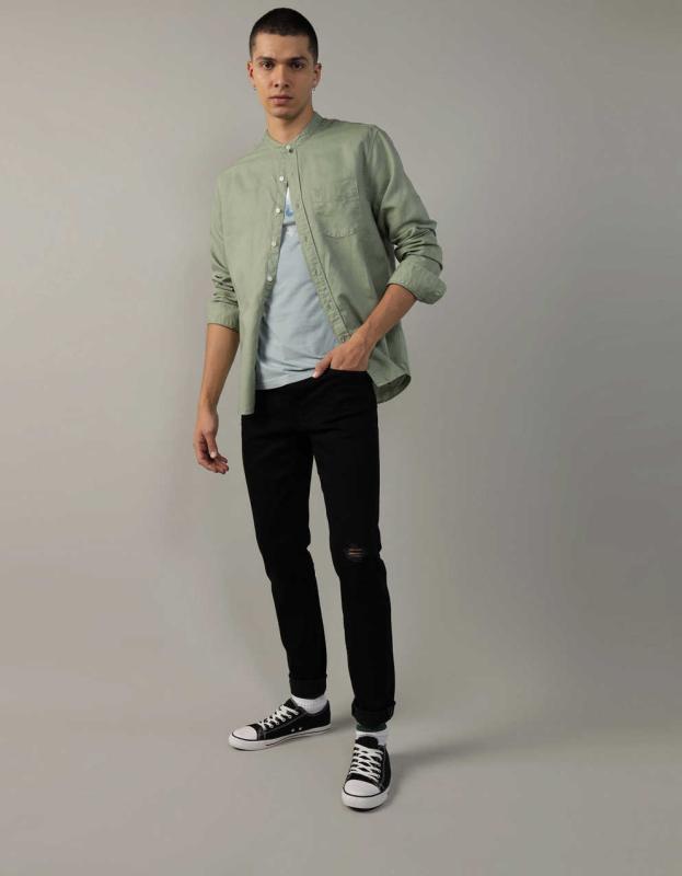 AE Band Collar Linen-Blend Button-Up Shirt - Leaf Green, L 