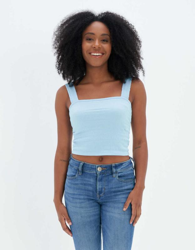 AE Smocked Square Neck Tank Top - Blue, XS 