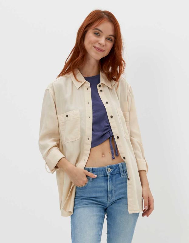 AE Bestie Long-Sleeve Button-Up Shirt - Cream, S 