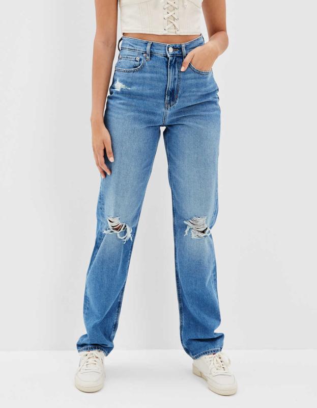 AE Ripped Highest Waist Baggy Straight Jean - Empire Blue, 2 