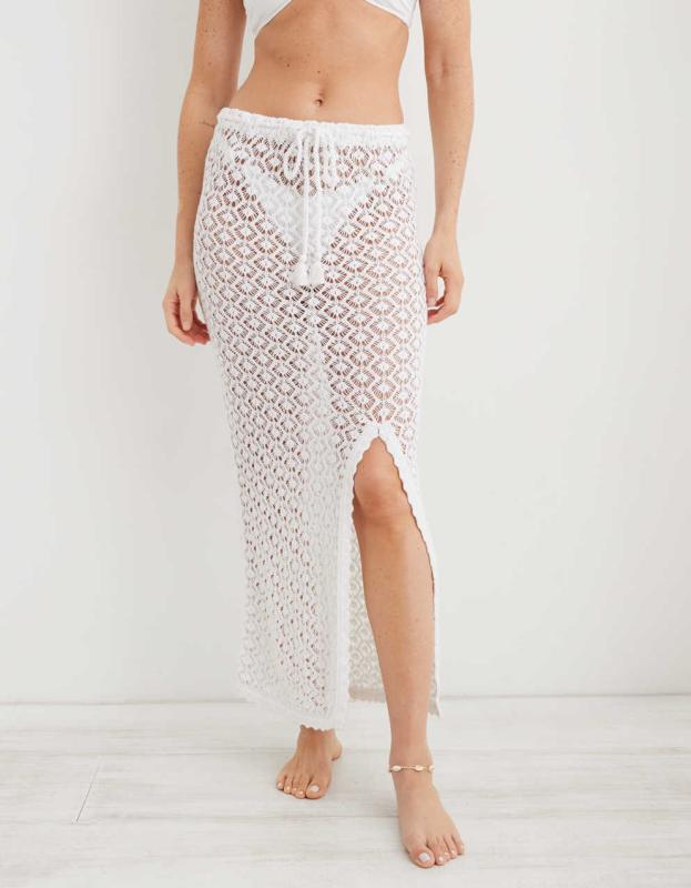 Aerie Crochet Midi Skirt - White, M 