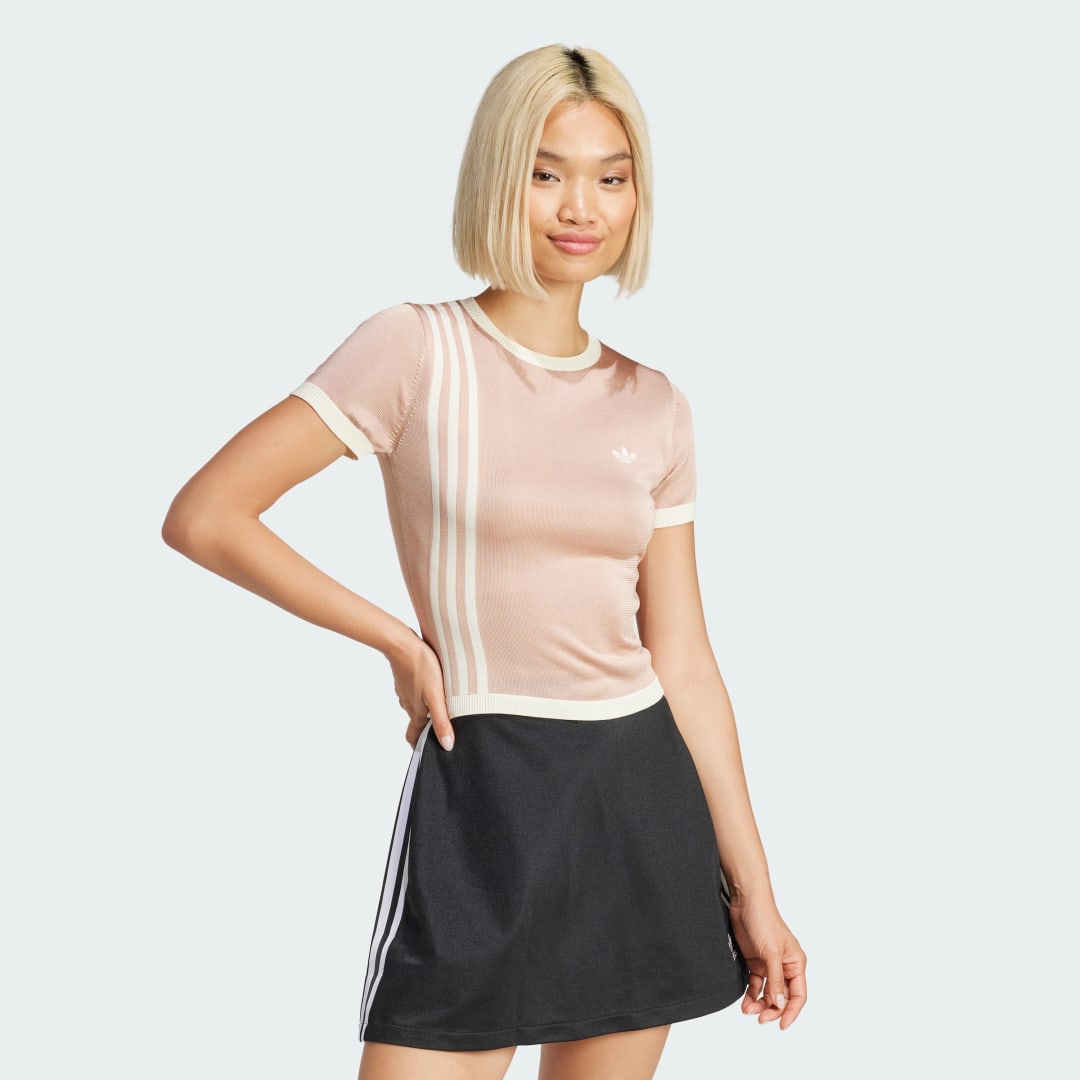 adidas Knitted 3-Stripes Short Tee Lifestyle M Women Ash Pearl