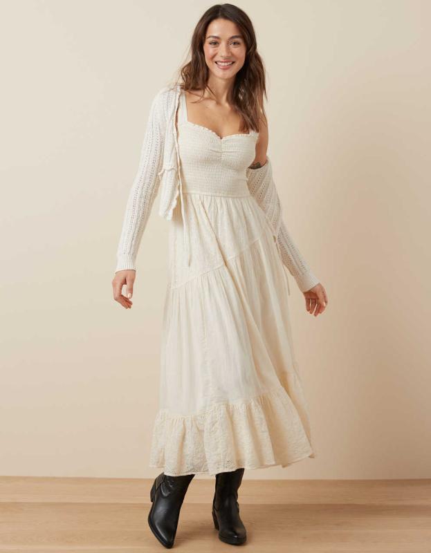 AE Asymmetrical Tiered Midi Dress - Cream, XXS 