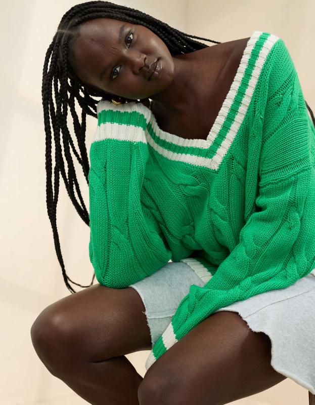 Aerie Cropped Cable V-Neck Sweater - Green Mission, M 