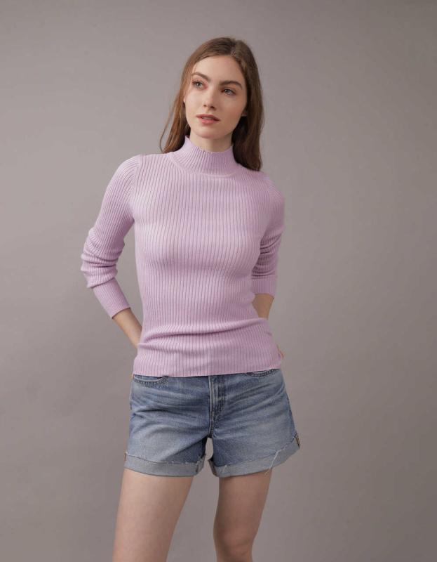 AE Ribbed Mock Neck Sweater - Purple, S 