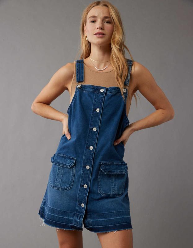 AE Denim Button-Up Pinafore Dress - Medium Wash, L 