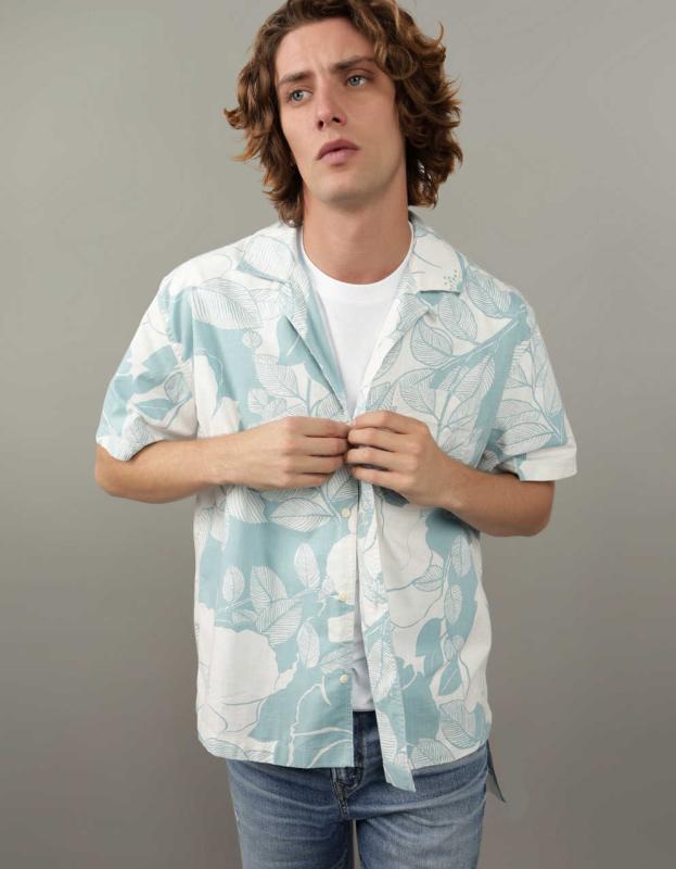 AE Floral Button-Up Poolside Shirt - Bright Teal, XS 