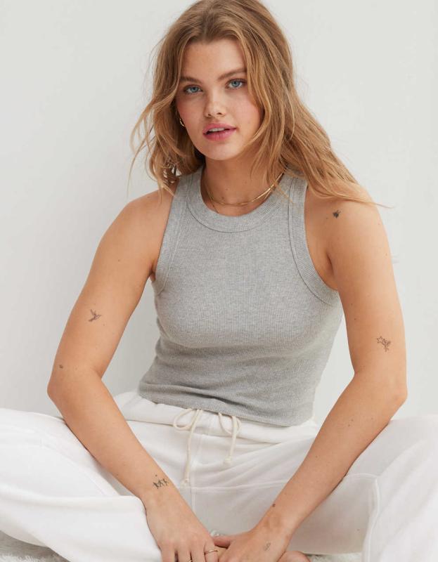 Aerie Free Spirit Ribbed Tank Top - Medium Heather Gray, XXS 