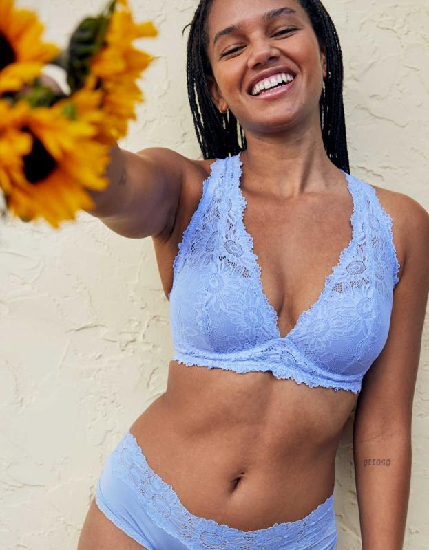 Aerie Real Power Wireless Push Up Sunflower Lace Bra - Fresh Water, 70B 