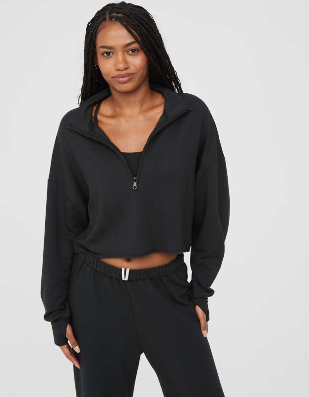 OFFLINE By Aerie OTT Fleece Quarter Zip Sweatshirt - True Black, L 