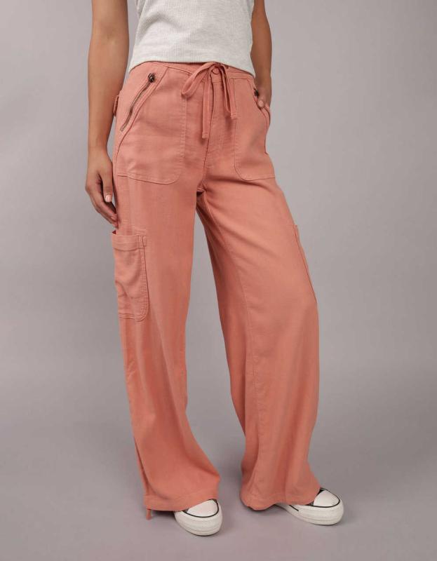 AE Dreamy Drape Linen-Blend Baggy Wide-Leg Cargo Pant - Rose, 6 