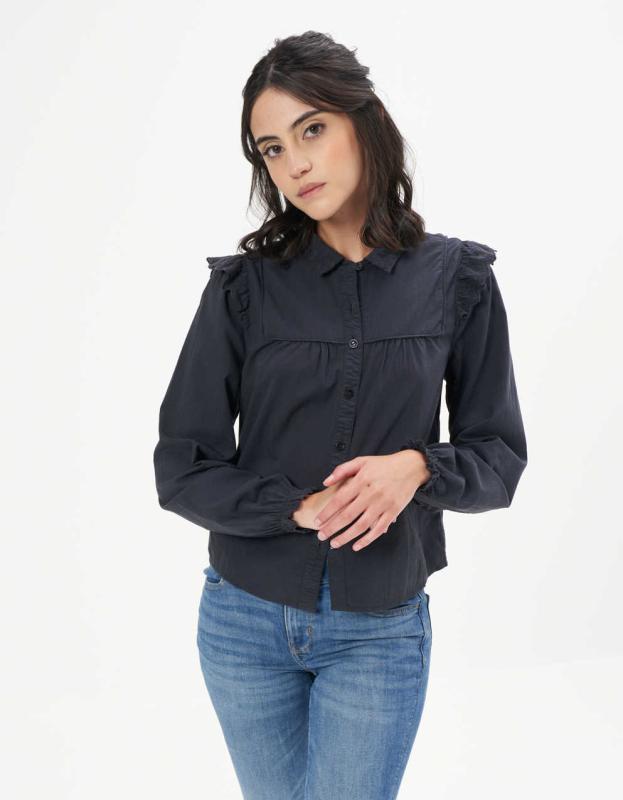 AE Ruffle Button-Up Shirt - Washed Black, S 