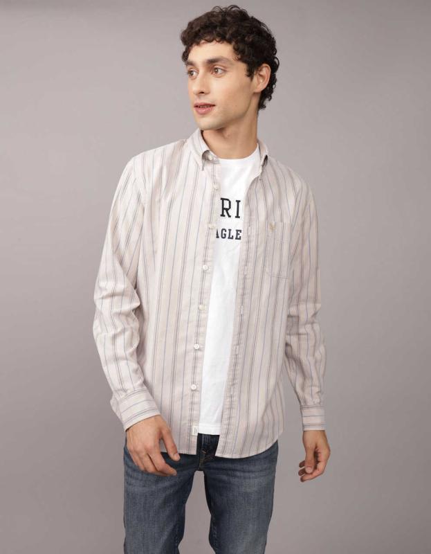 AE Striped Slim Fit Oxford Button-Up Shirt - Sand, L 
