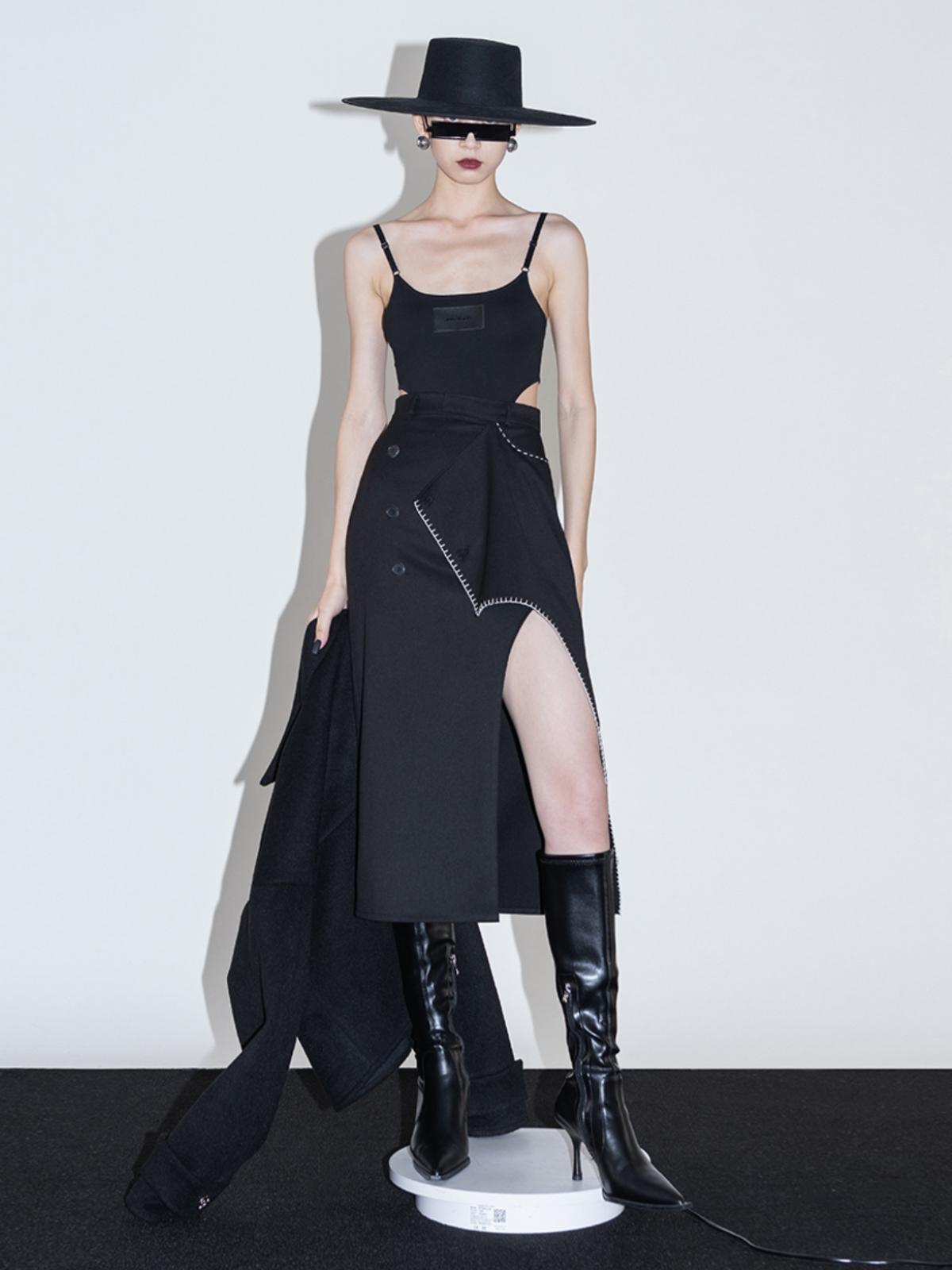 Hand Stitched Slit Skirt - Black