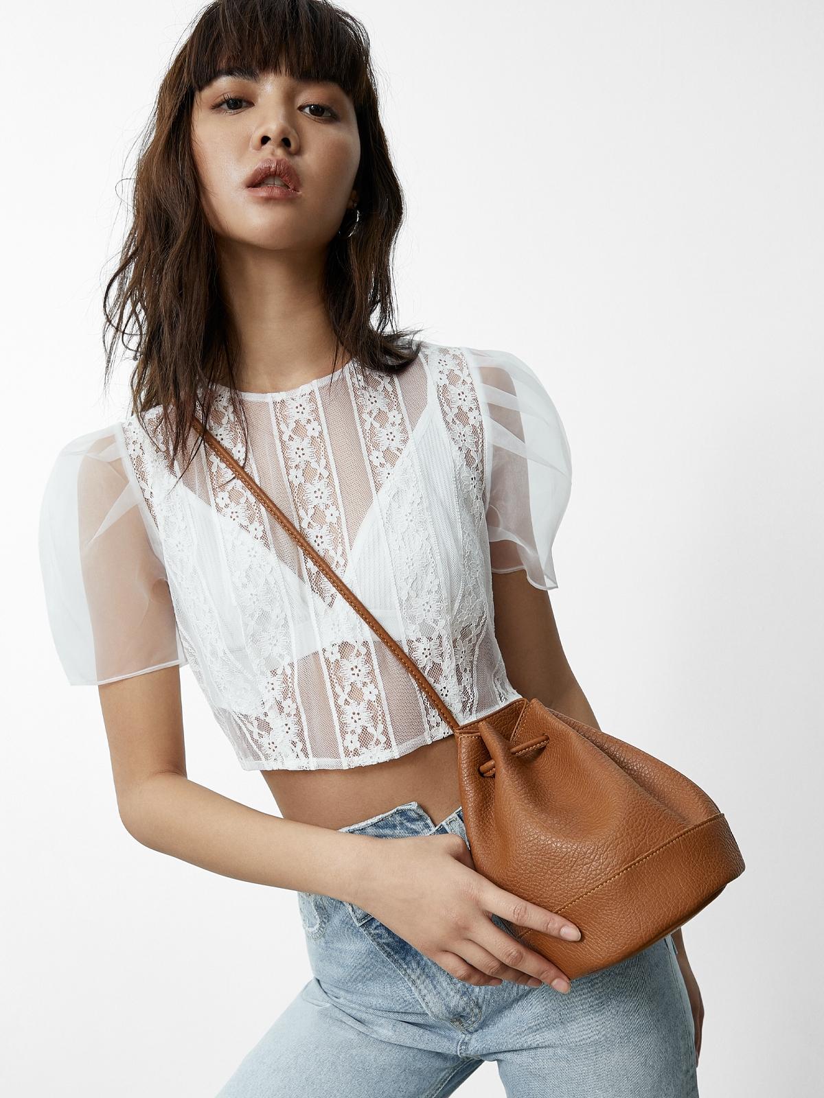Drawstring Crossbody Bucket Bag - Brown