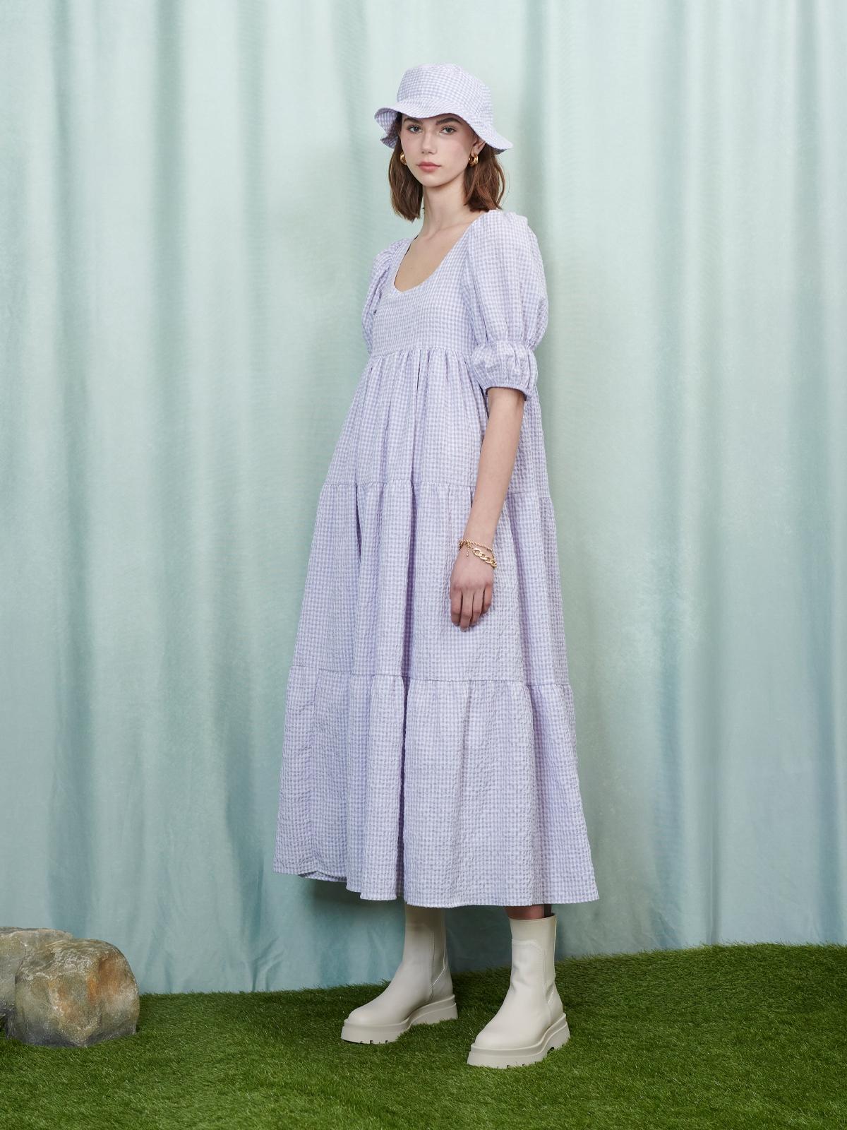 Cascade Check Tiered Midi Dress - Lavender