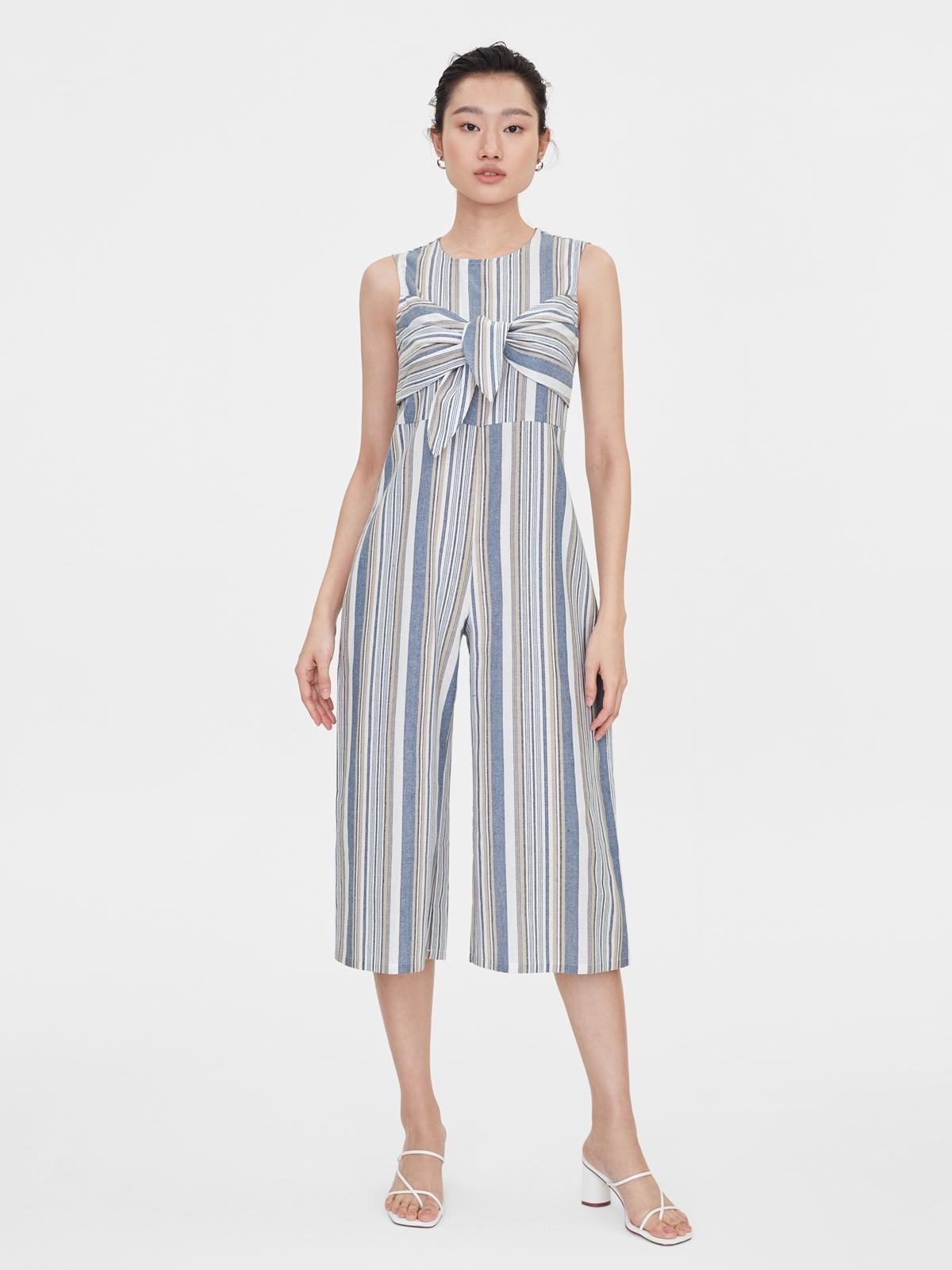 Front Bow Striped Wide Leg Jumpsuit - Blue