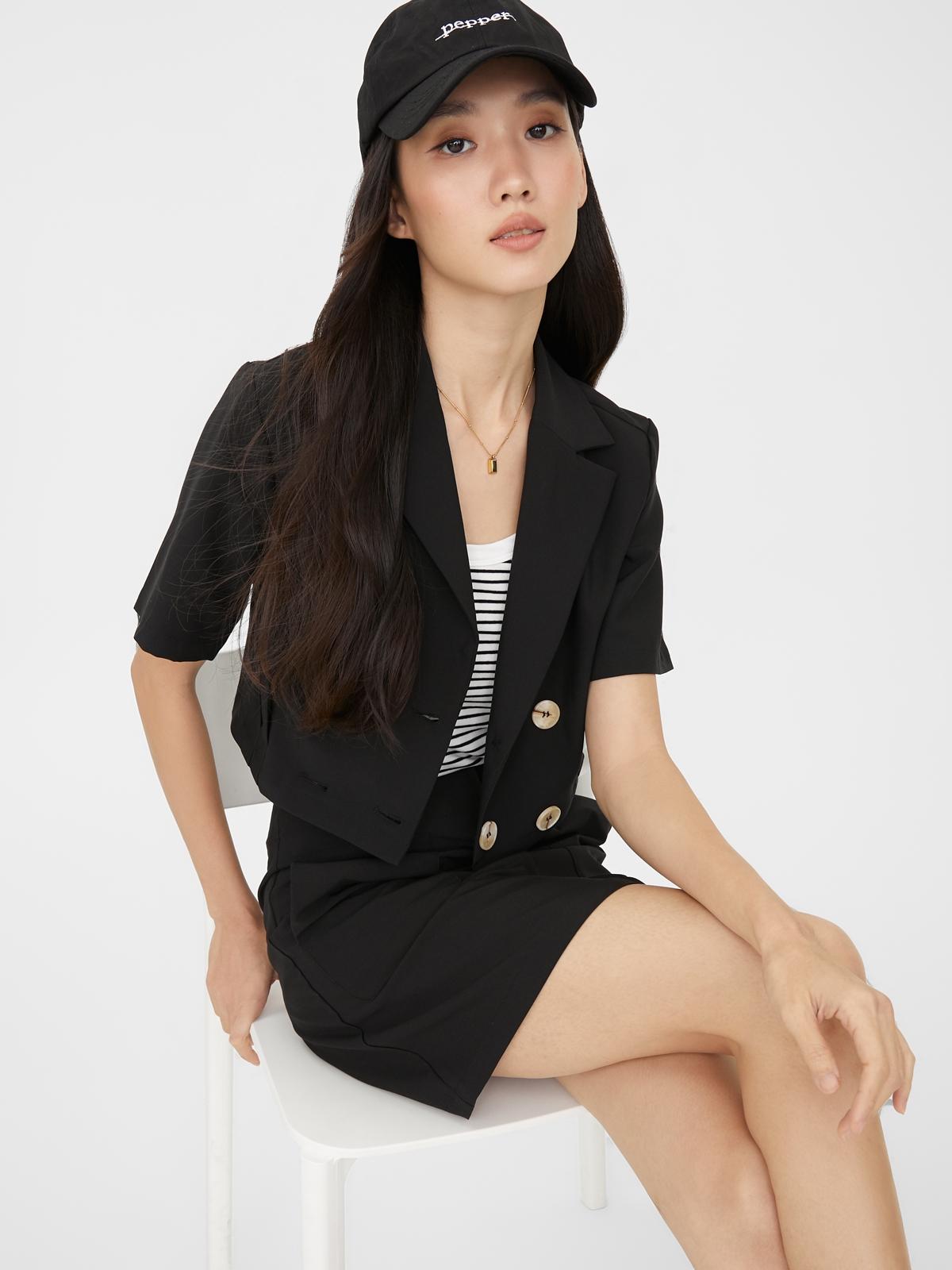 Double Breasted Crop Blazer - Black