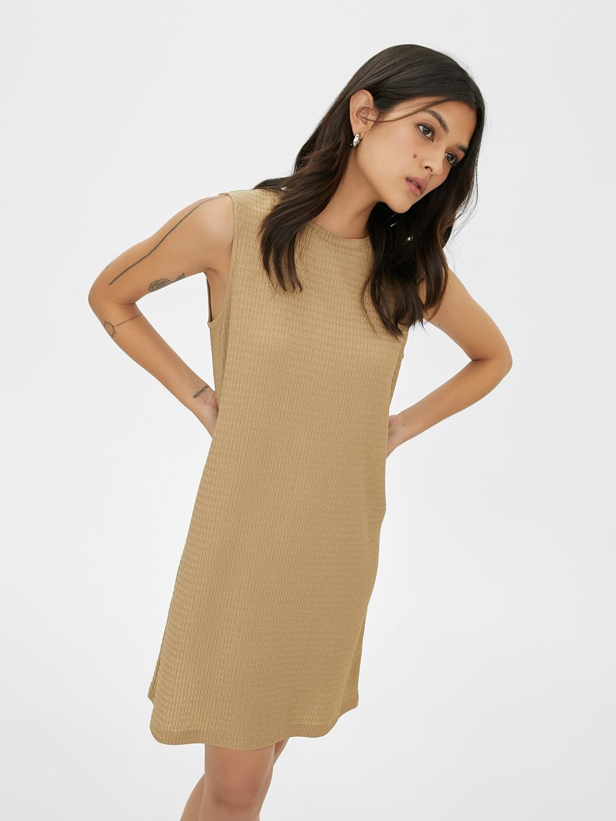 Textured Sleeveless Shift Dress - Beige