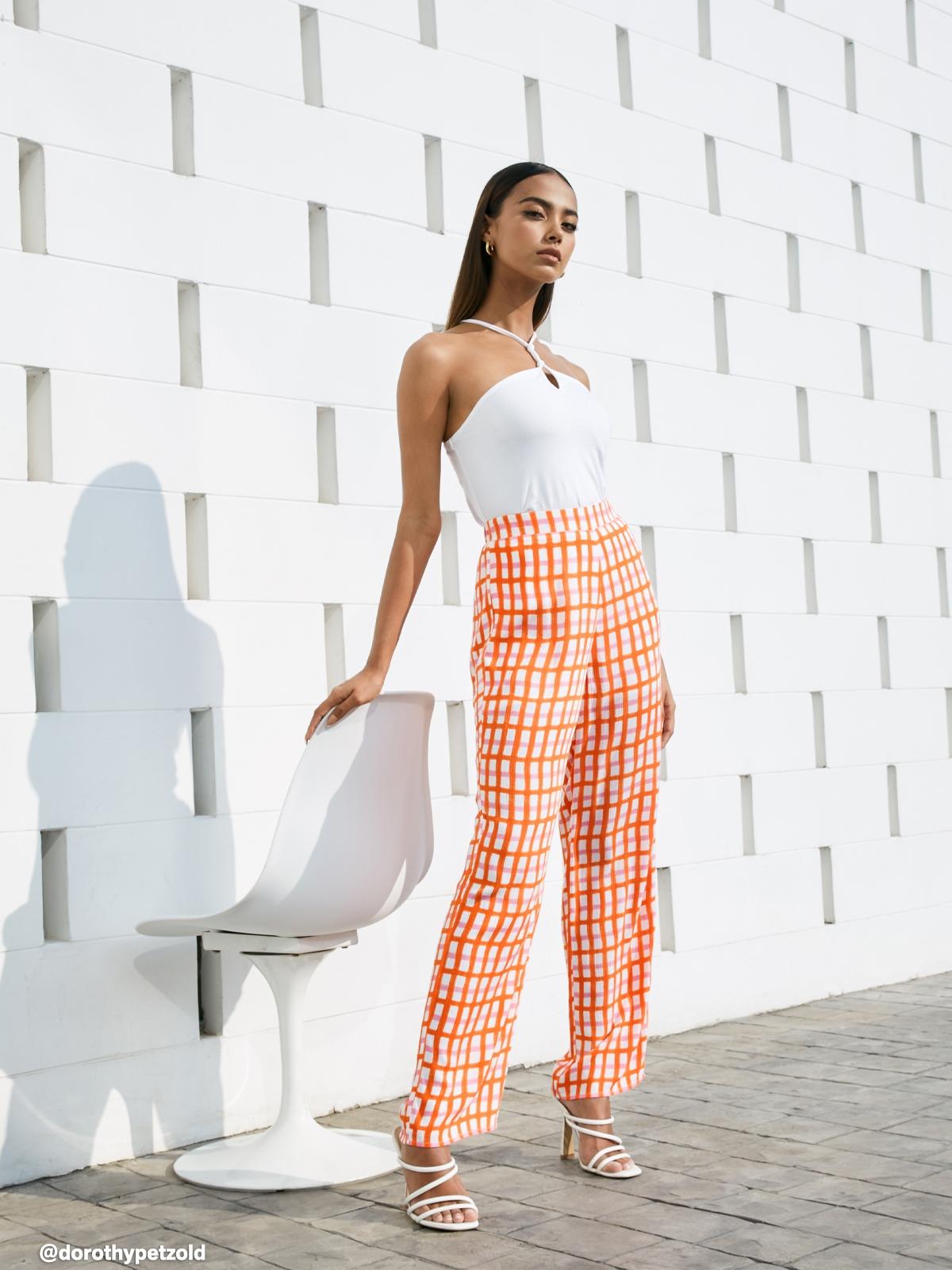 High Waist Checkered Pants - Orange