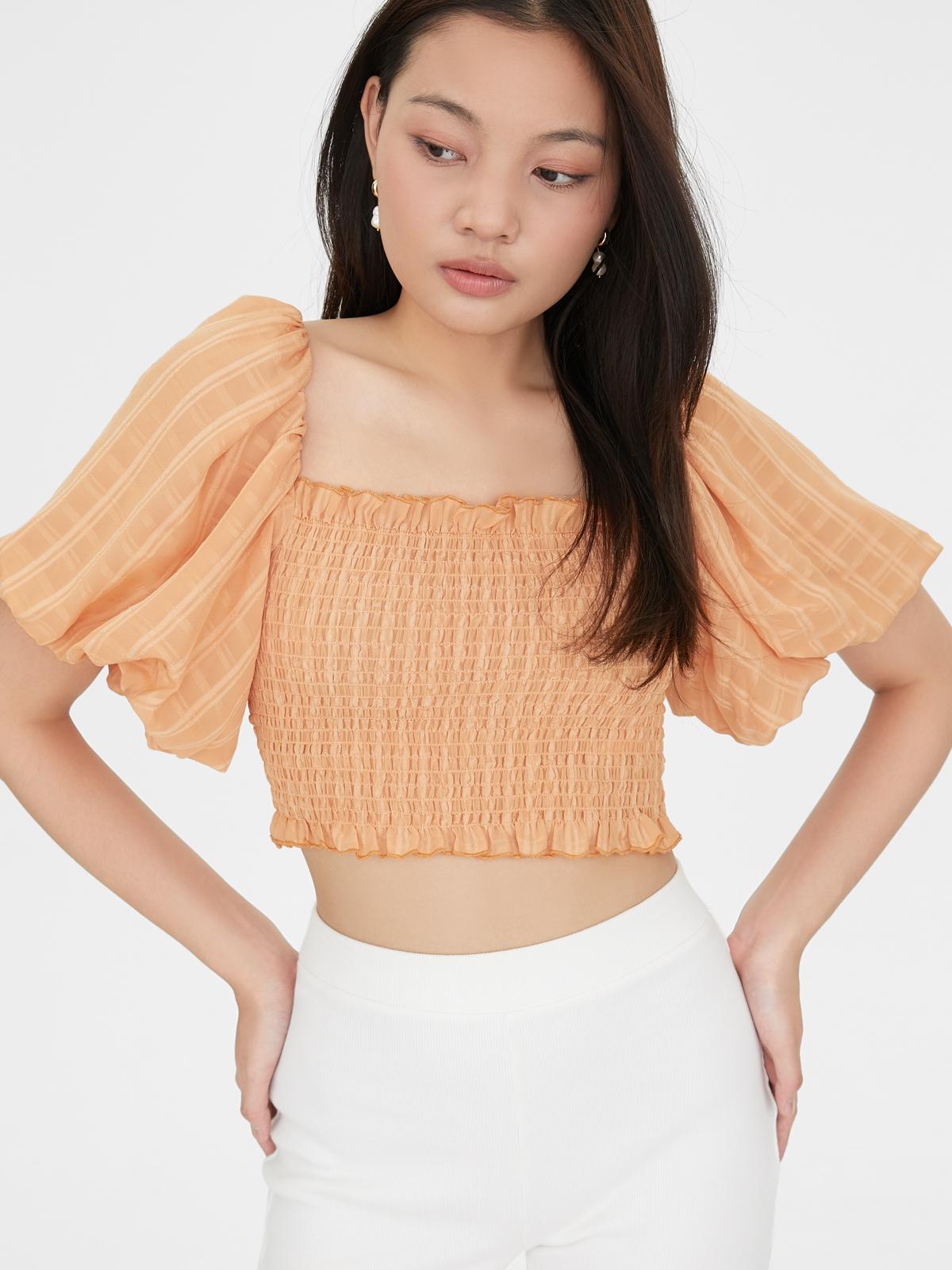 Smock Puff Sleeve Crop Blouse - Orange