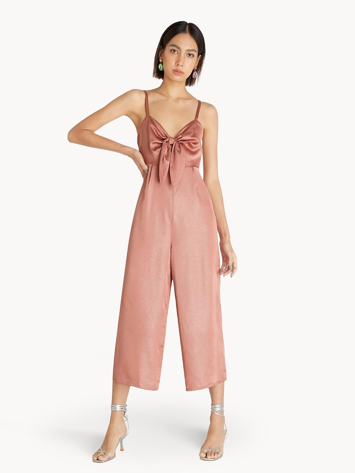 Satin Front Bow Jumpsuit - Pink