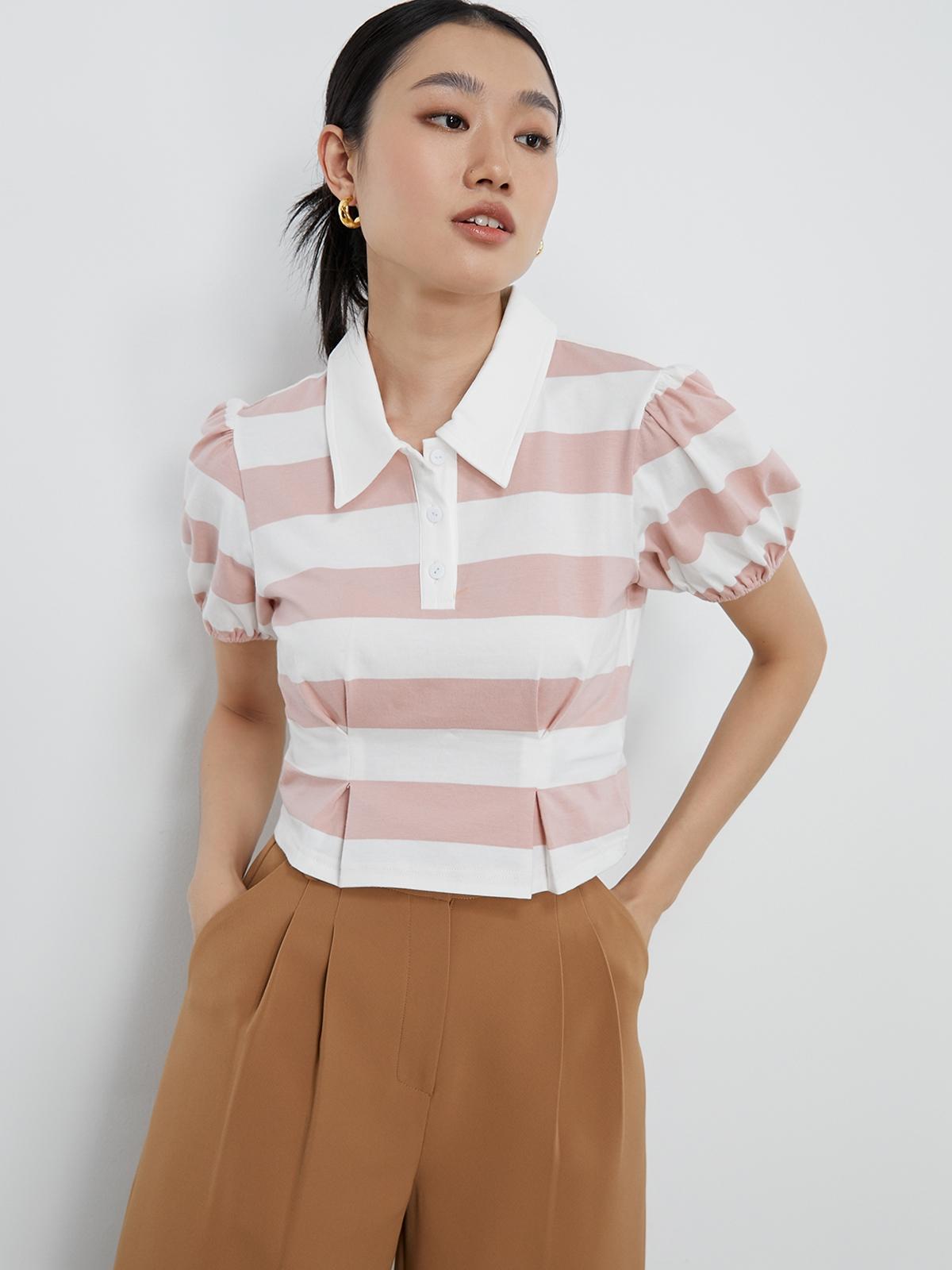 Stripe Puffed Sleeve Top - Pink