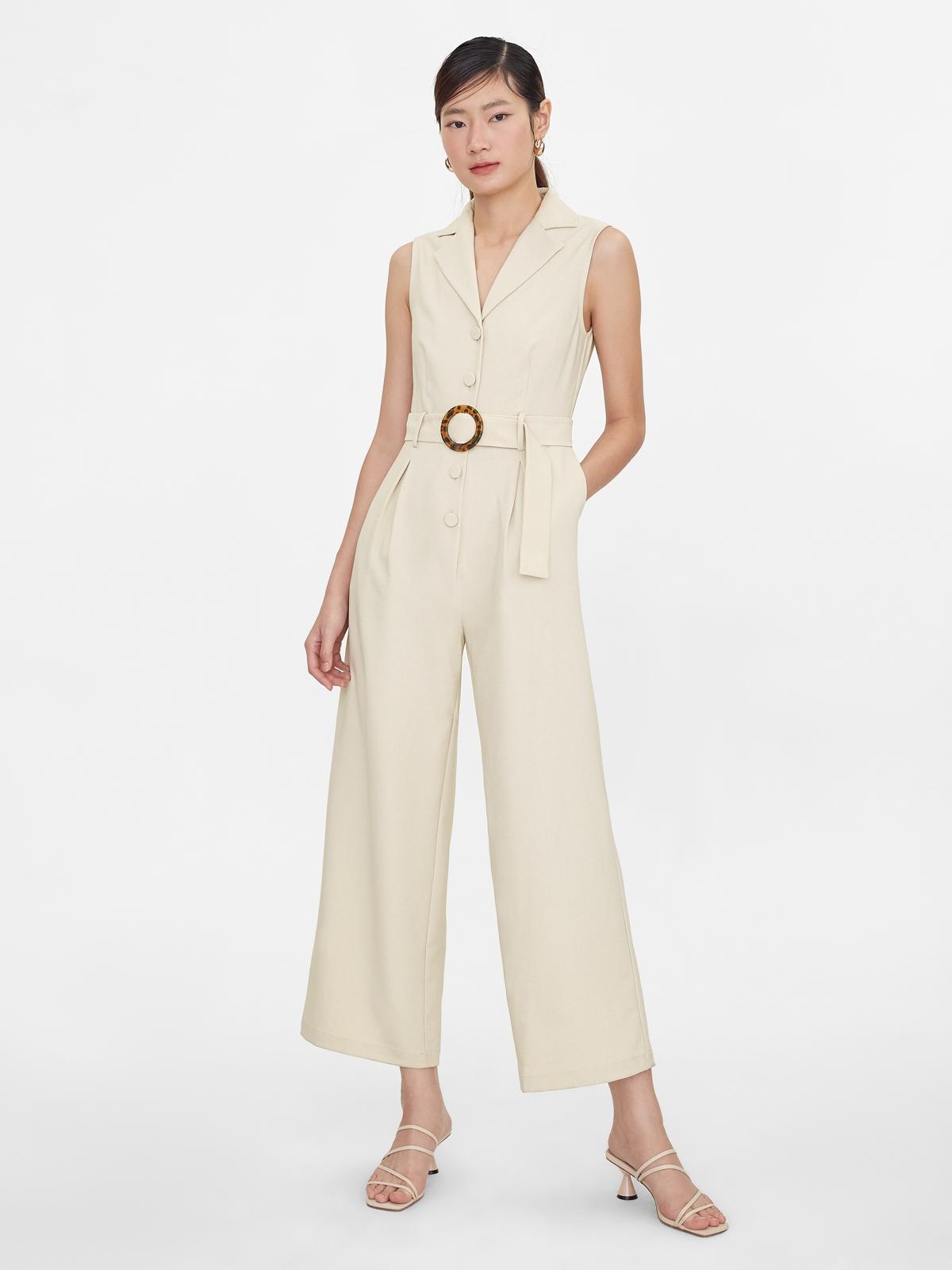 Sleeveless Button Up Buckle Belt Jumpsuit - Cream
