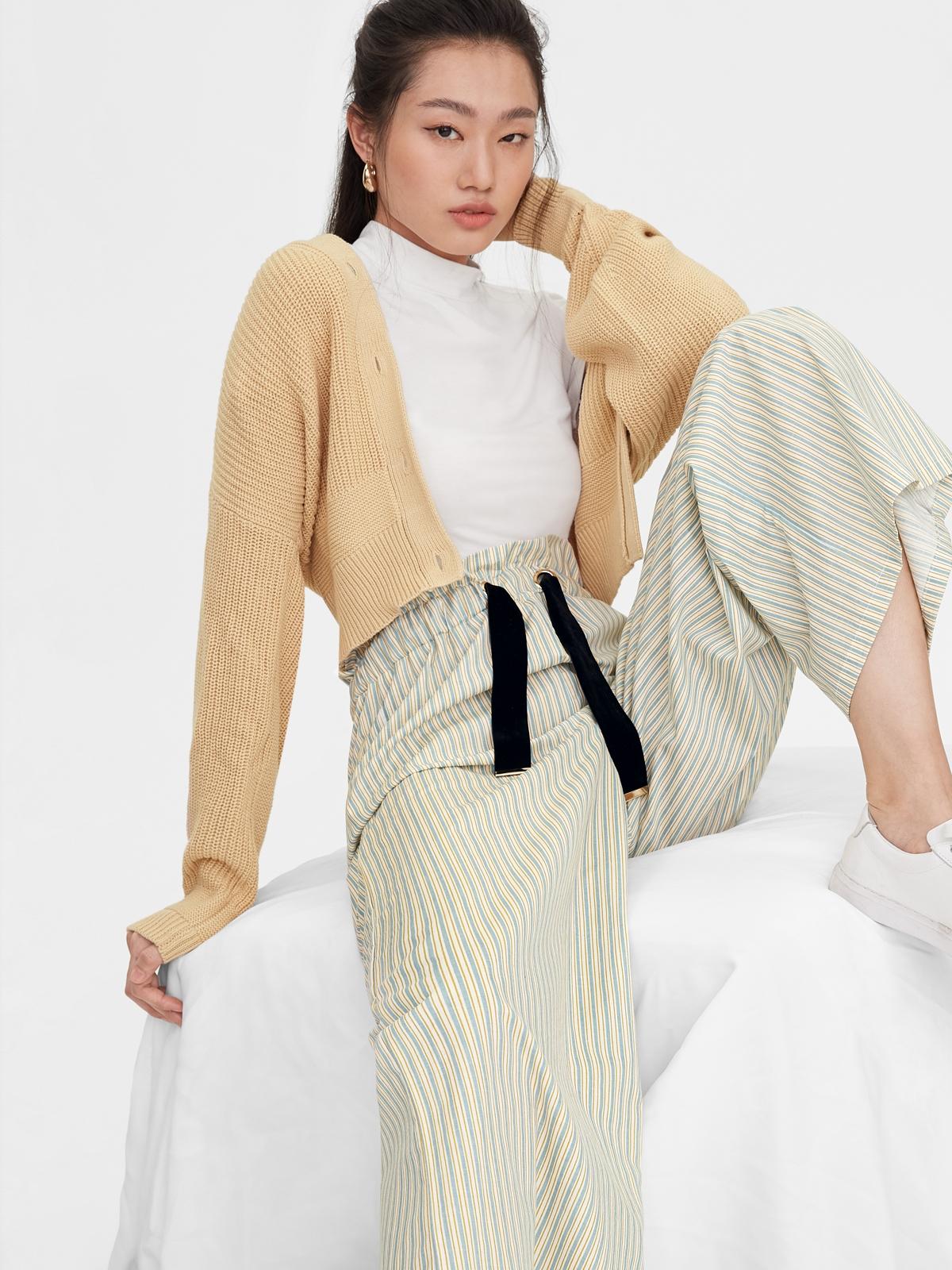 Striped Elastic Waist Pants - Light Blue