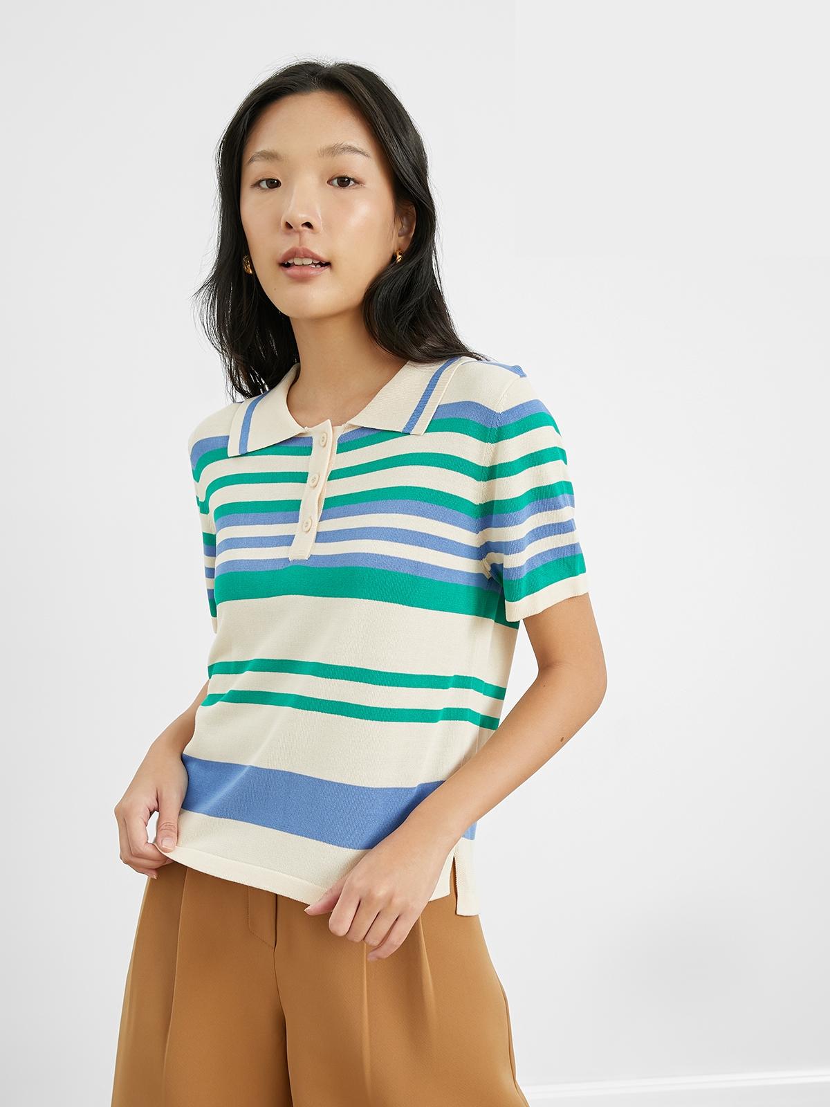 Short Sleeve Striped Blouse - Beige
